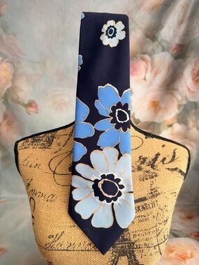 Yves Saint Laurent Navy Tie with Blue, White & Gold Floral Print